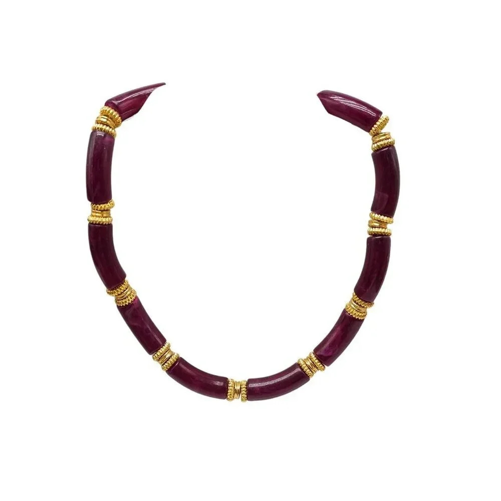 Burgundy Lucite Beaded Choker Necklace Gold Tone Spacers Vintage